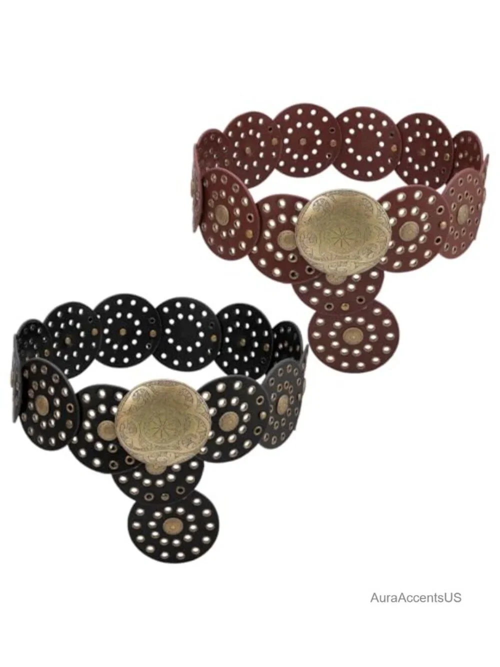 Set of 2 PU Leather Adjustable Western Concho Belts for Women